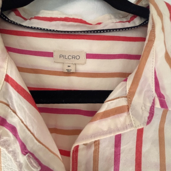 Anthropologie Pilcro Striped Button Down Shirt | Pink Tan Cotton Oversized Top - Picture 3 of 3